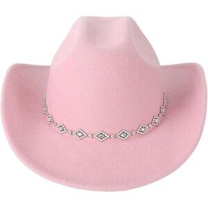 Verdusa Women Coral Pink 100% Polyester Rhinestone Diamond Chain Cowboy Felt Hat